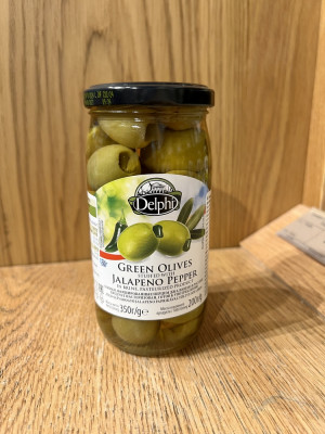 Оливки фаршированные перцем Джалопено в рассоле Delphi 350г.