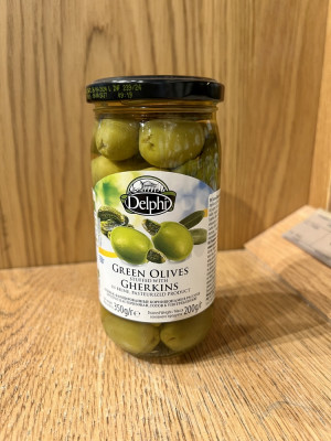 Оливки фаршированные корнишонами в рассоле Delphi 350г